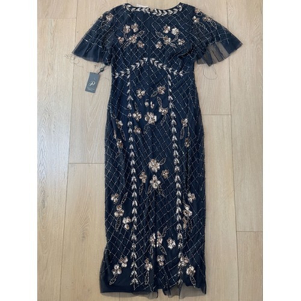 NEW Adrianna Papell Dress Womens Size 6 Blue Beaded Flutter Sleeve Midi *Flaw - Picture 10 of 13